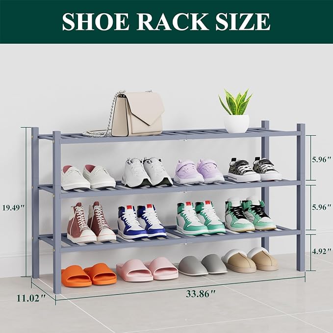 Smiry Shoe Rack, 3 Tier Thick Long Bamboo Shoe Organizer, Stackable Free Standing Wooden Shoe Storage Shelf for Closet, Entryway, Front Door Entrance, Grey