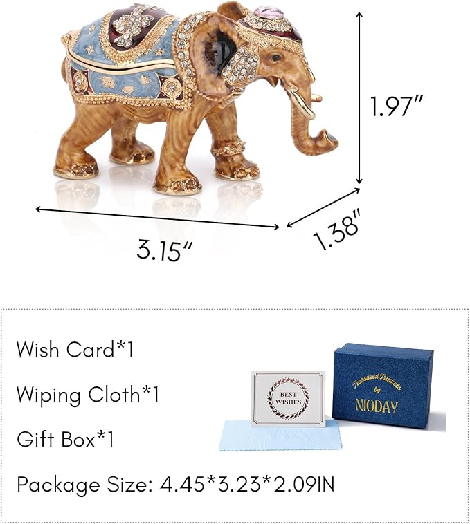 Hand Painted Trinket Box Enamel Vintage Jewelry Box Elephant Hinged Metal Jewelry Organizer Decorative Treasure Box Unique Gifts for Animal Lover