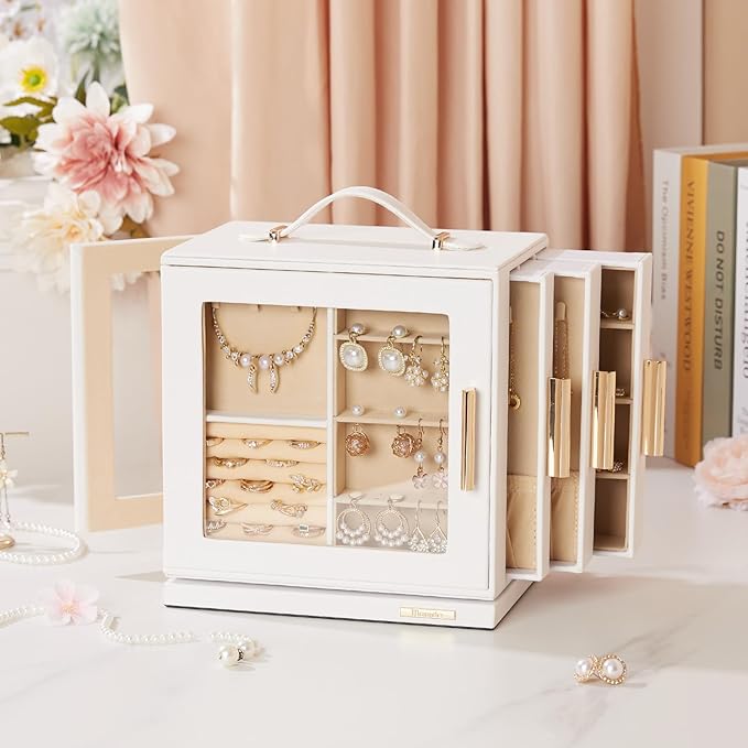 Homde Mothers Day Gifts Jewelry Box 360° Rotating, Necklace Earring Organizer with Transparent Window, Mirror, 7 Drawers, Large Ring Display Storage Case for Girls Women (White)