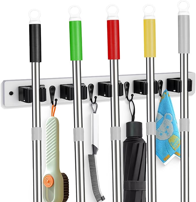 FunCee Broom Holder Wall Mount With 5 Slots & 4 Hooks,Rustic Wood Broom & Mop Hanger,Wall Mounted Garden & Garage Tool Storage Organizer Rack for Closet Laundry Room or Kitchen Wall Decor White