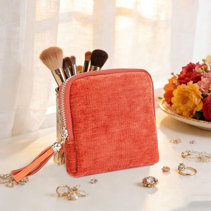 ASINGYER Travel Jewelry Storage Bag for Women, Velvet Portable Jewelry Organizer with Tassel Zipper, Small Pouches for Bracelets Necklaces Rings Earrings, Wedding Gift for Women (orange)