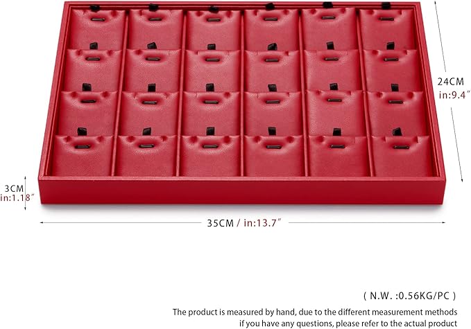 Oirlv Gorgeous Red Leather 24 Grid Jewelry Tray with Removable Inserts Jewelry Cards Stackable Necklace Trays Necklace Drawer Organizer