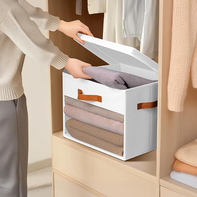 Homsorout Large Storage Bins with Lids - 6 Pack Foldable Decorative Organizers with Clear Windows & Handles, Cube Storage Organizers for Clothes, Blankets, Sweaters, CD, White