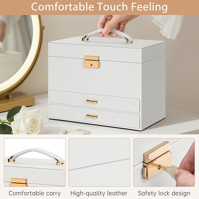 AKOZLIN Travel Jewelry Box Organizer Functional 2-trays Leather Jewelry Storage Case with Lockable Portable 2 Drawers for Women Girls Ring Necklace Earring Bracelet