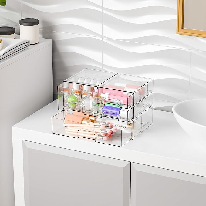 Yieach 4 Pack Clear Stackable Storage Drawers,Pull-Out Medicine Cabinet Organizer and Containers,Large Acrylic Organizers Drawers and Bathroom Closet Organizers for Hair Accessories,Makeup Organizer
