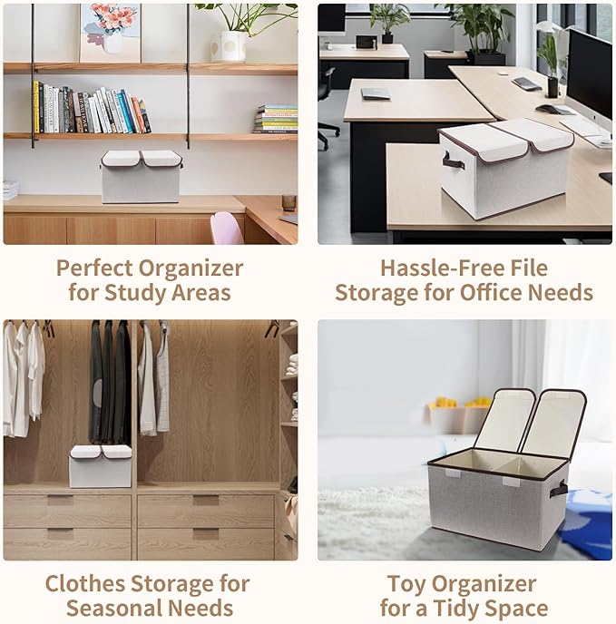 Foldable Fabric Storage Box, 16.5 x 11.8 x 9.8 inches (L x W x H), with Double-Lid & Dividers, Large Organizer for Home, Closet, Office(Grey, 3 Packs)