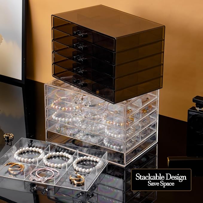 SPAKOWN Earring Organizer, Acrylic Earring Box Large 30 Compartments Jewelry Holder Organizer with 5 Drawers Stackable Earring Bracelet Storage Case Jewelry Boxes for Women (Black)