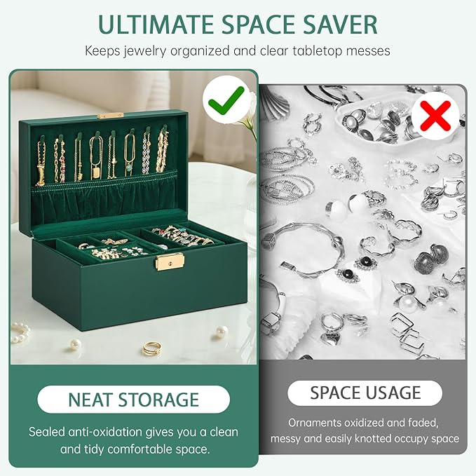 AKOZLIN Travel Jewelry Box Organizer Functional 2-trays Leather Jewelry Storage Case with Lockable Portable for Women Girls Ring Necklace Earring Bracelet