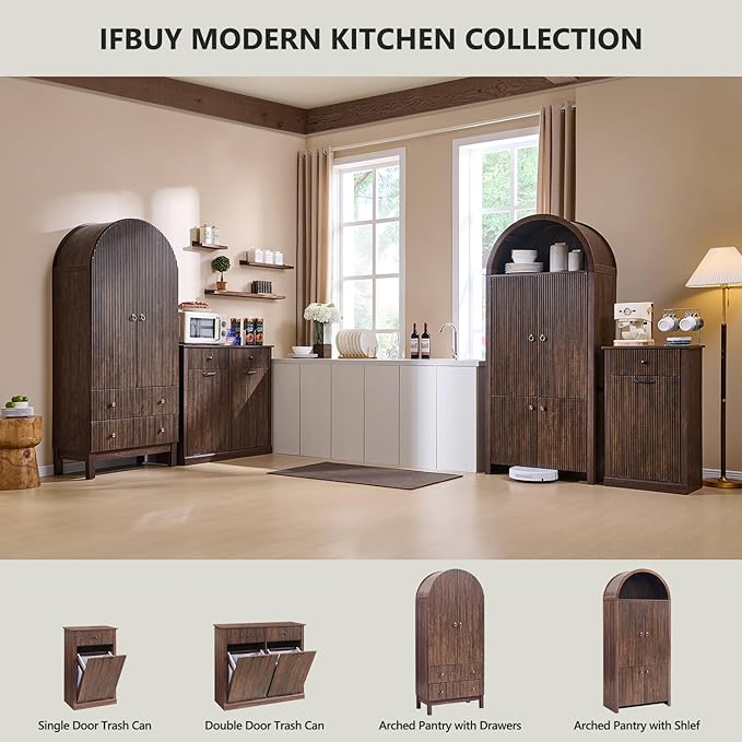 IFBUY Modern Double Tilt-Out Laundry Hamper Cabinet, 20 Gallon Fluted Trash Can Cabinet w/2 Drawers, Wooden Hidden Garbage Can Cabinets w/Laundry Basket, Free Standing for Bathroom and Kitchen, Brown
