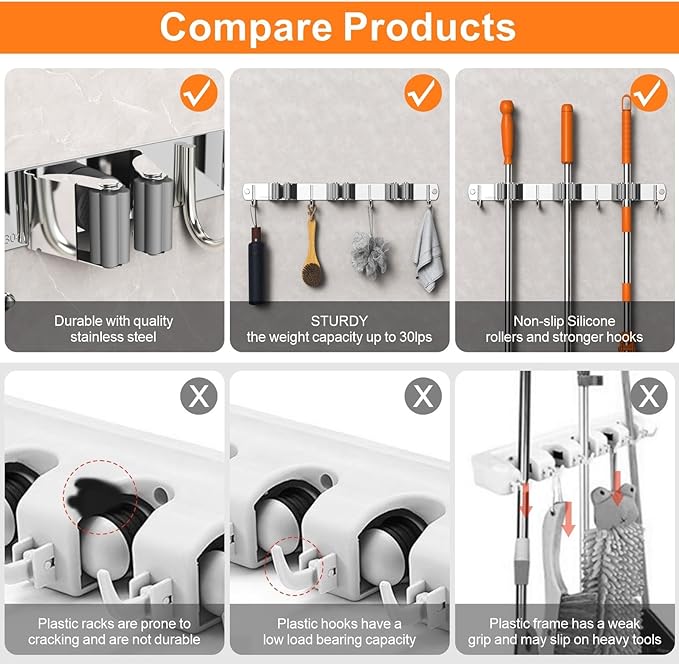 CUXIXA Mop and Broom Holder Wall Mount, Upgraded Broom Organizer Wall Mount, Stainless Steel Broom Hanger Wall Mount for Kitchen Garden Laundry Room Decor (3 Racks with 4 Hooks Black)