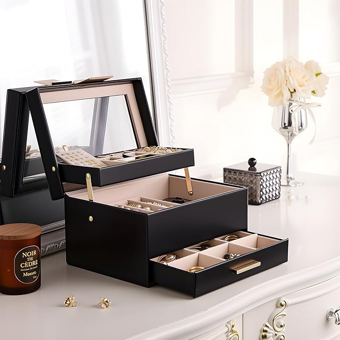 Lolalet Jewelry Box, Clear Window Jewelry Organizer with Drawer for Earrings Bracelets Necklaces Rings, Jewelry Storage for Women -Black, 3 Layers