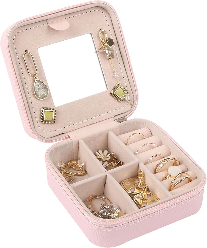 OceeK Travel Jewelry Case Box Organizer with Mirror,Travel Jewelry Box Holder Stocking Stuffers,Pink,1 Pack