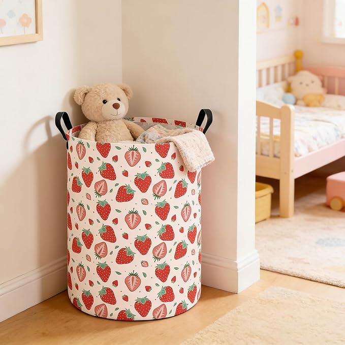Laundry Hamper Large Canvas Fabric Lightweight Storage Basket/Toy Organizer/Dirty Clothes Collapsible Waterproof for College Dorms, Boys and Girls Bedroom,Bathroom(strawberry)
