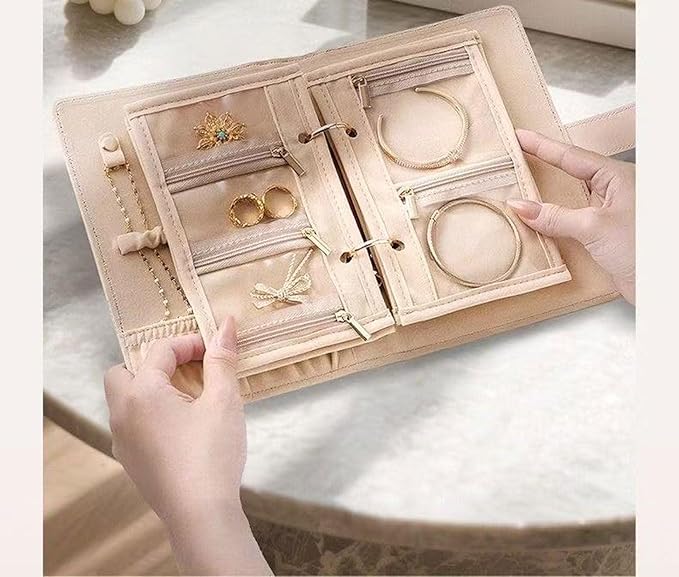 Travel Jewelry Binder Organizer, Portable PU Jewelry Book Organizer with 4 Necklace Clips & 5 Zipper Velvet Pouch For Rings,Necklace,Earrings - Perfect Jewelry Storage Book Gift For Women Girls