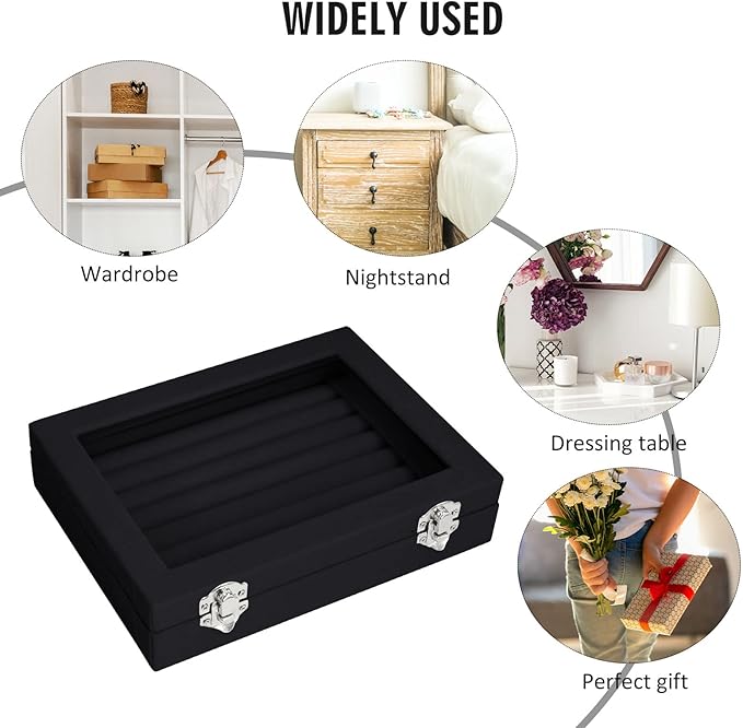 Vicoter Rings Organizer Tray 7 Slots Velvet Jewelry Earring Storage Box with Transparent lid Jewelry Display Case for Girls Wife Mom Women (Black)