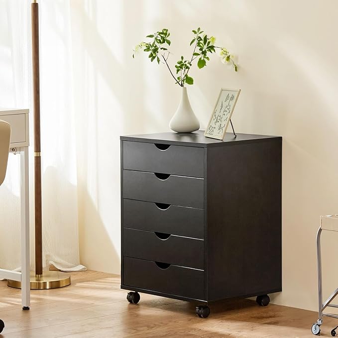 5 Drawer Mobile File Cabinet Under Desk Storage Organization with Wheels Vertical Filing Chest Rolling Wood Small Desk Printer Stand for Home Office, Black