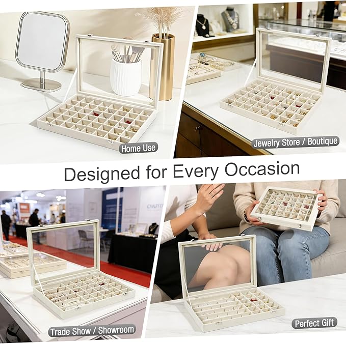 Velvet Jewelry Organizer Storage Tray, 48 Grid Adjustable Earring Holder Organizer with Clear Lid, Jewelry Display Box for Earrings, Rings, Necklaces and Studs, Gift for Women and Girls