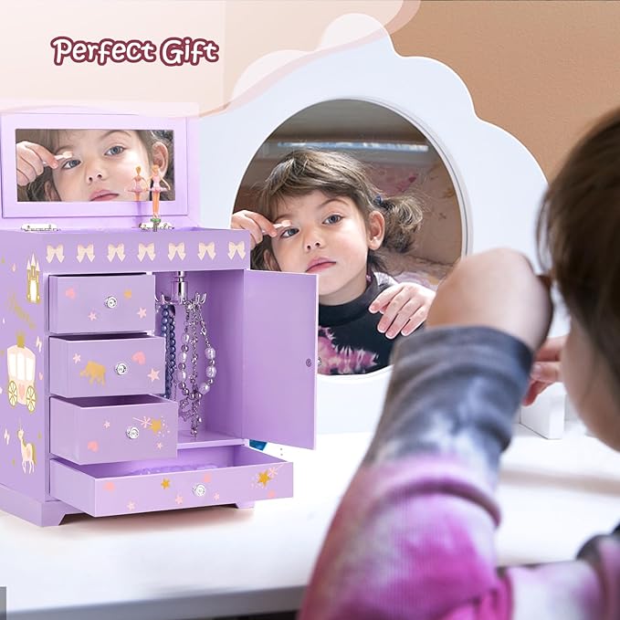 Large Jewelry Box for Girls 5-Layer Music Box with Swing Door Spinning Ballerina Unicorn Necklace & Bracelet Set Children Jewelry Organizer for Girls Kids Birthday Christmas Gift Purple