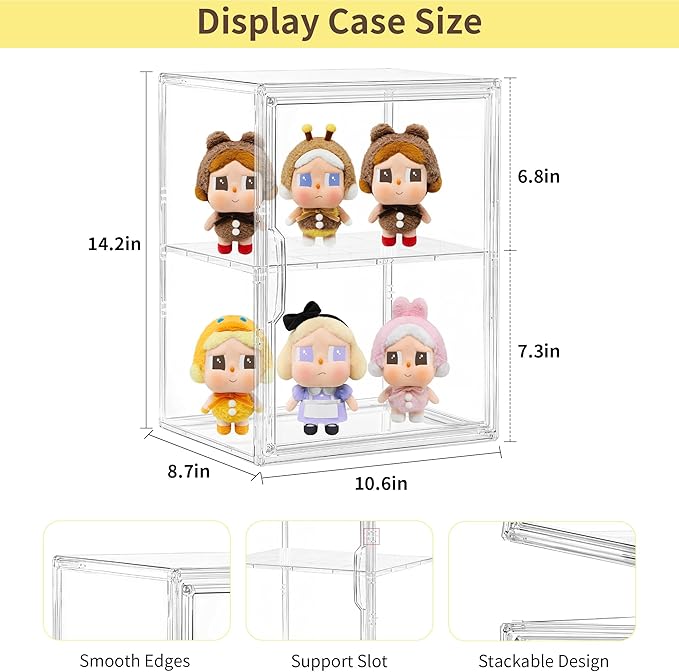 Acrylic Display Case with Removable Shelf, 2 Tier Clear Plastic Stackable Storage Bins with Magnetic Lids, Figure Display Case for Collectibles Cosmetic Acrylic Box, 4 Pack