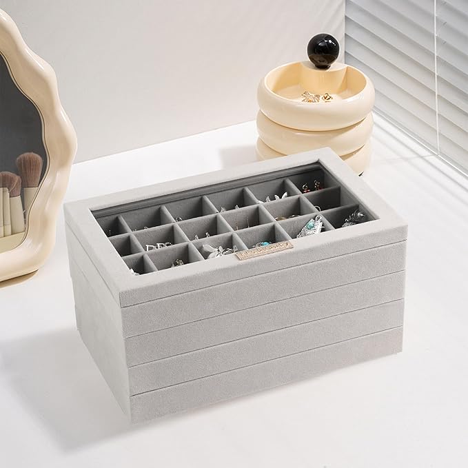Frebeauty Stackable Jewelry Trays, Velvet Drawer Jewelry Organizer with Glass Lid,5 in 1 Multi-Functional Jewelry Storage for Earrings Necklaces Rings, 10.5 x 6.5 x 5.55 Inches Gift for Women(Grey)