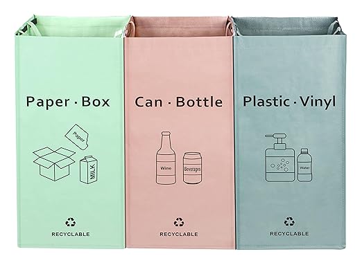 JIALAI HOME Separate Recycling Bin for Kitchen Home - Indoor Recycle Bins (Pink, Green, Gray) Waste Trash Sorting Bins, Reusable Waterproof Affordable Recycle Bags, Pack of 3 Bags