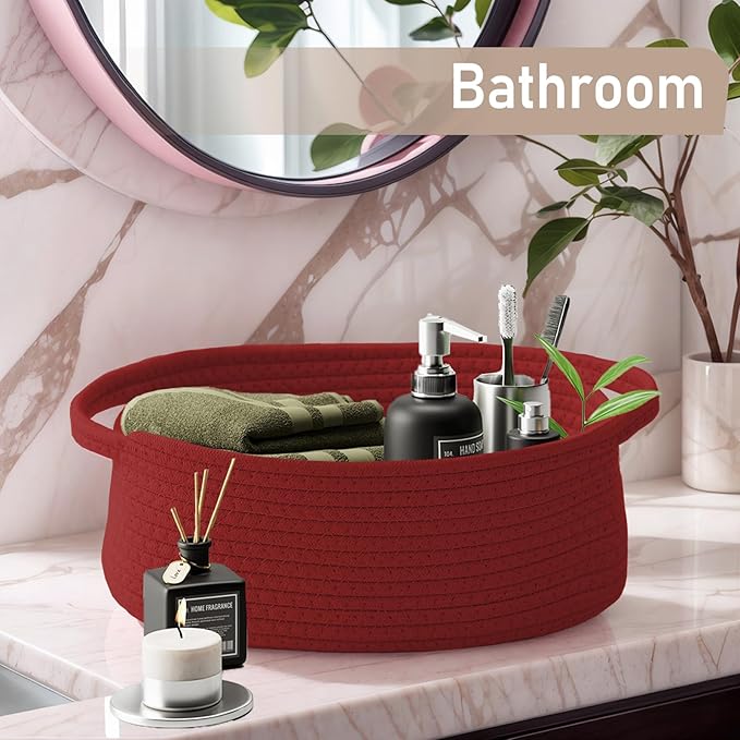 JMvicyroam Woven Basket,Small Rope Storage Bin with Handles & Ribbon Bag, Organizer for Shelves Closets,Gift Basket Empty for Birthday,Books,Dog Toys, Red/2 Pack