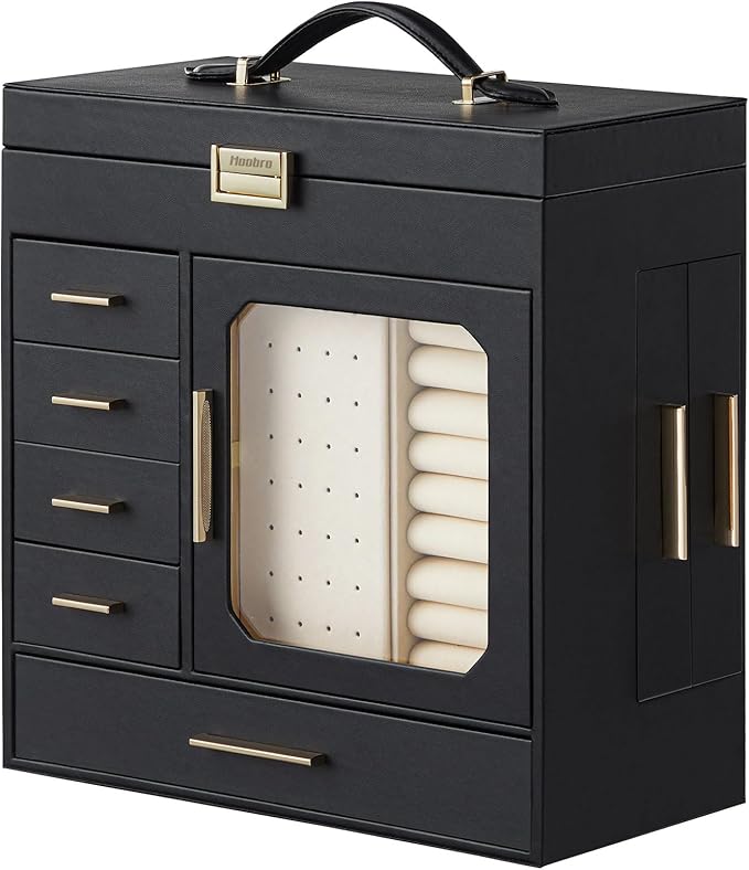 HOOBRO Jewelry Box with Mirror, Jewelry Organizer Box with Capacious Storage Space, Jewelry Holder Organizer, Hand-Held Jewelry Case, Glass Cover, Modern Style, Black and Light Gold BK06JB04G1