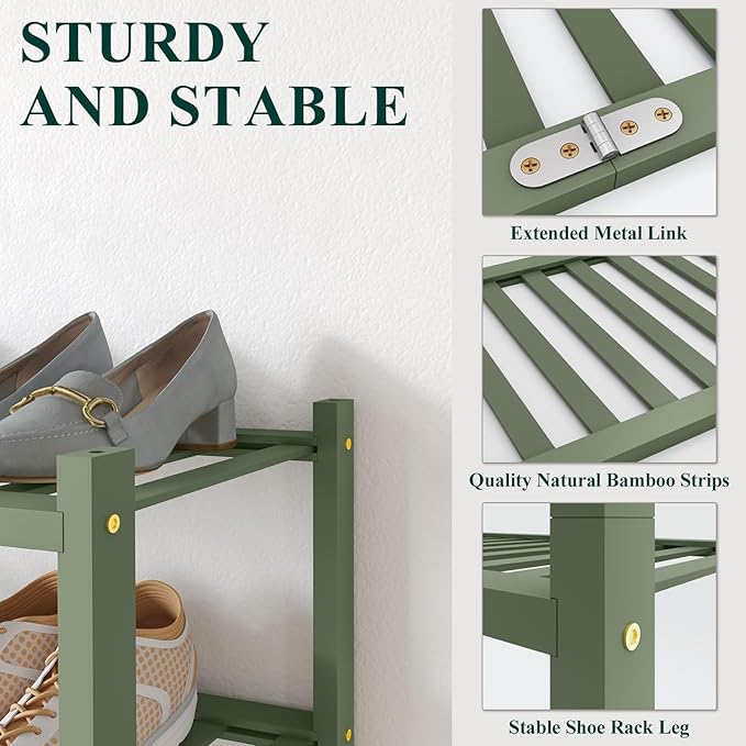 Smiry Bamboo Shoe Rack for Closet, 2 Tier Long Wooden Stackable Shoe Organizer, Free Standing Shoes Storage Shelf for Entryway, Front Door Entrance, Green
