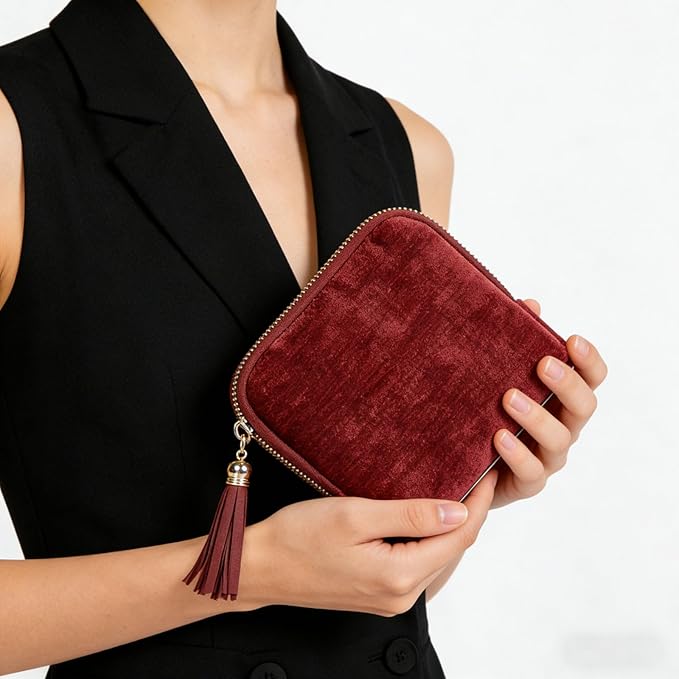 ASINGYER Travel Jewelry Storage Bag for Women, Velvet Portable Jewelry Organizer with Tassel Zipper, Small Pouches for Bracelets Necklaces Rings Earrings, Wedding Gift for Women (Wine red)