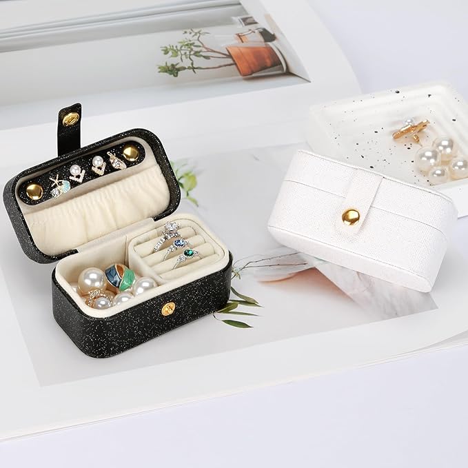 KUKUVR Small Travel Jewelry Box, Mini Jewelry Holder for Multiple Rings Necklace Earrings Lipstick, Portable Jewelry Storage Organizer Case with Removable Ring Slot (BLACK)