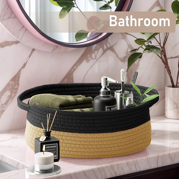 JMvicyroam Woven Basket,Small Rope Storage Bin with Handles & Ribbon Bag, Organizer for Shelves Closets,Gift Basket Empty for Birthday,Books,Dog Toys, Black&Jute
