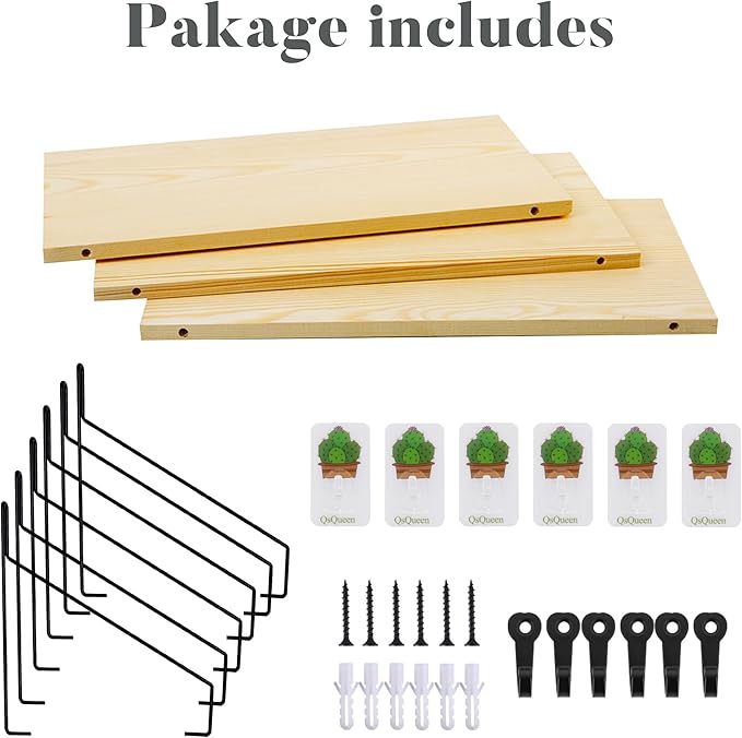 QsQueen Elevate Your Space with Rustic Wood Floating Shelves Set of 3- Perfect for Bedroom, Living Room, Bathroom, and Kitchen Decor - Easy Installation, No Drilling Needed!