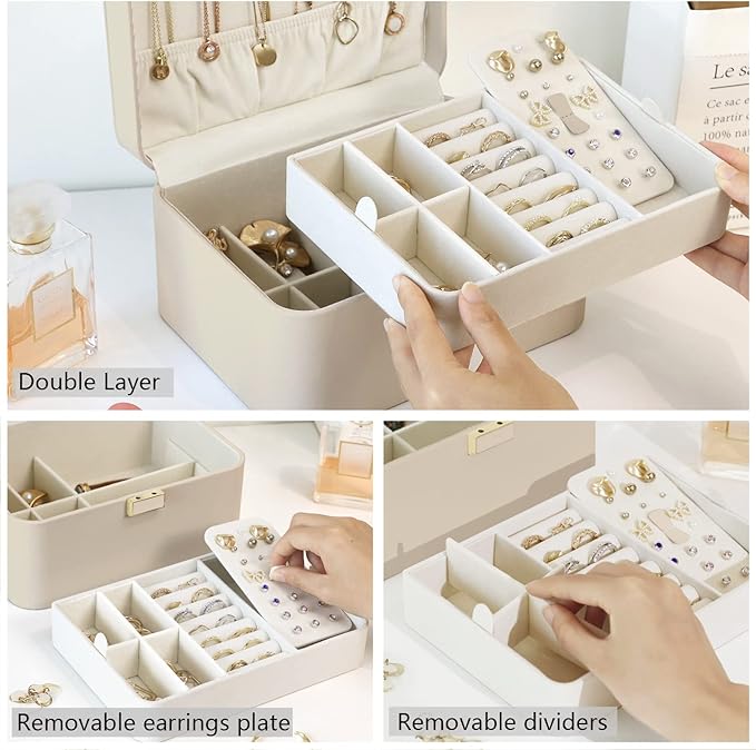 KAMIER Jewelry Organizer,2 Layer Jewelry Organizer Box for Earrings Bracelets Rings Necklaces,Luxury Leather & Soft Velvet Lined,Gift Box Packaging,Beige