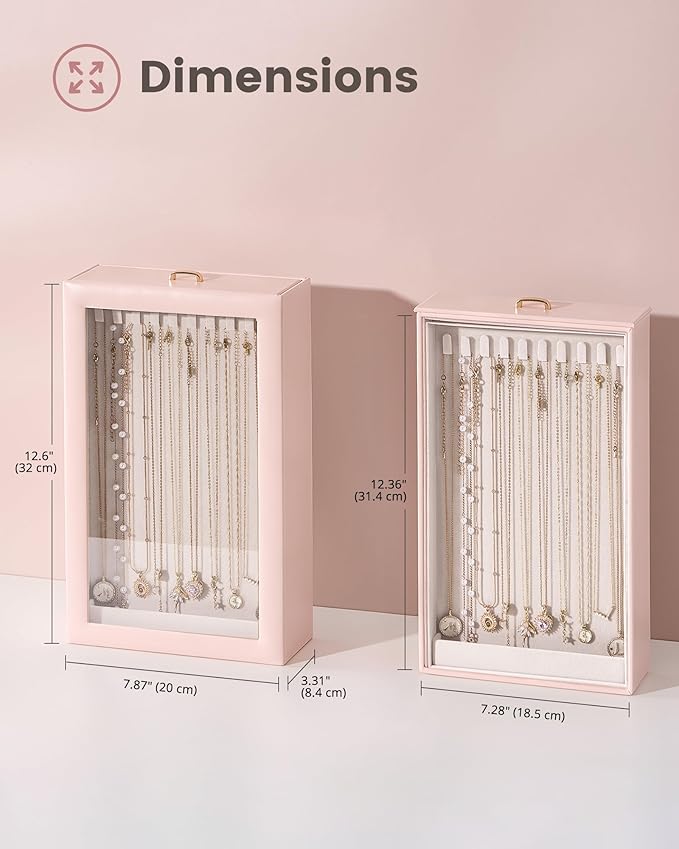 Lolalet Upgraded Double-Sided Hanging Necklace Organizer Box, Jewelry Display Case with Double-Sided Clear Window for Necklaces Bracelets, Tangle-Free Necklace Storage Box, Mothers Day Gift