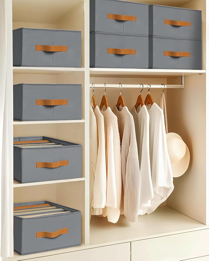 Homsorout Clothes Organizers and Storage - 4/5/7 Grids Fabric Jeans Organizer with Handles, Foldable Closet Organizers Dividers, Wardrobe organizer for Pant, Sweater, T-shirt, Scarf, 3 Pack, Pale Grey
