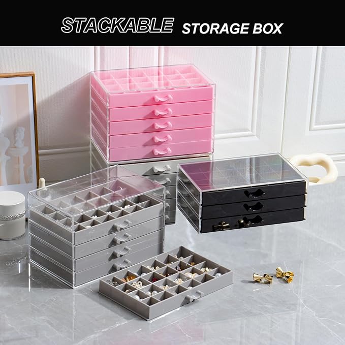 YUFONG Earring Storage Box Organizer 3 Drawers Acrylic Jewelry Storage Box Holder Transparent Jewelry Display Stand with 72 Small Compartments Gift for Women Girls (Black)