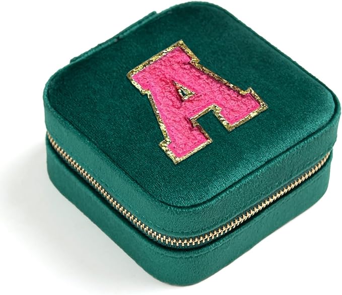 Velvet Travel Jewelry Case Box for Women, Ring Necklace Earring Jewelrys Holder Organizer with Mirror, Green Jewelryes Case for Girls Jewelries Box,Birthday Gifts for Mom Initial A