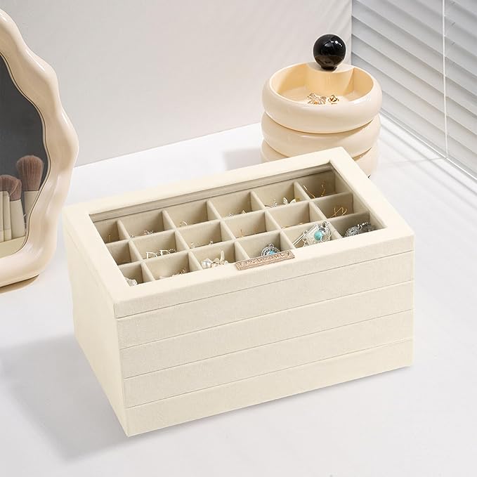 Frebeauty Earring Holder Stackable Jewelry Trays,Velvet Drawer Jewelry Organizer with Glass Lid, 5 in 1 Jewelry Box for Earrings Rings Studs,10.5 x 6.5 x 5.55 Inches Gift for Women (Beige)