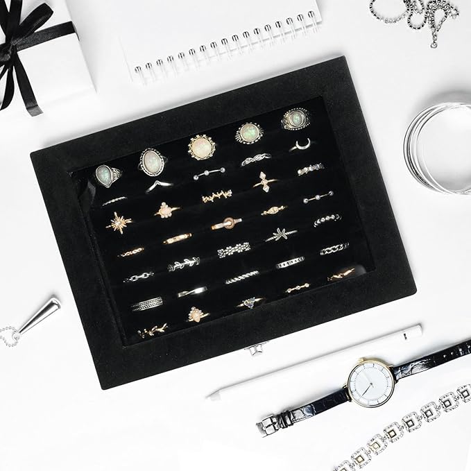 Velvet Ring Organizer Box, 7 Slots Jewelry Holder with Glass Lid Earring Display Tray Storage Case Gift for Women and Girls (Black)