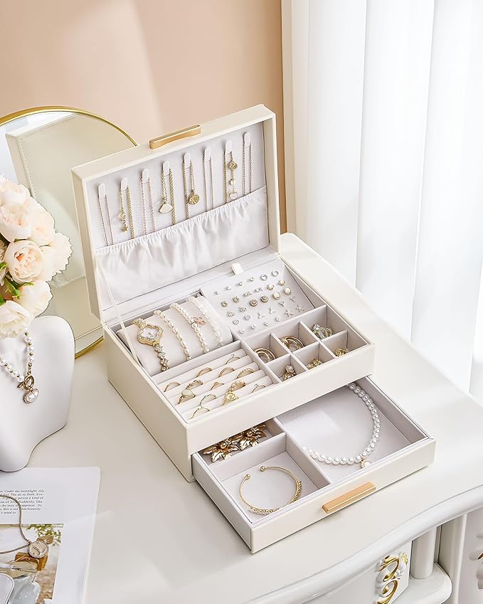 Lolalet 2-Layer Jewelry Box Organizer for Women Girls, Jewelry Storage Case Holder with Drawers for Necklaces Ring Earrings Bracelet Watch, Gifts Choice for Mom Mother’s Day -Beige