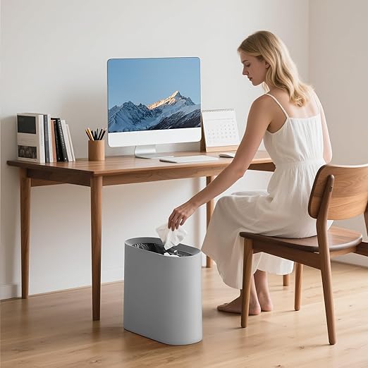 SUBEKYU 2.3 Gal Trash Can for Bathroom,Small Office Garbage Can for Kitchen,Slim Rectangular Waste Bin,Plastic,Grey