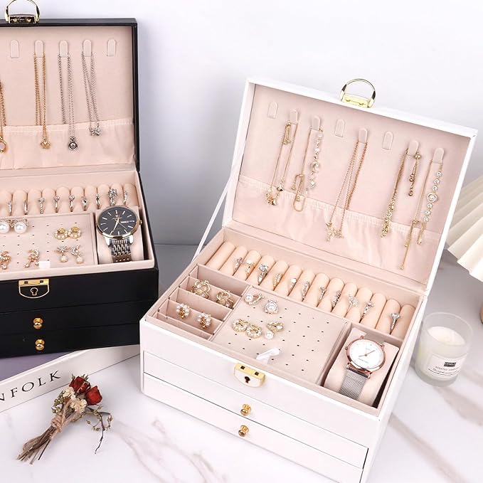 3 Layer Jewelry Box Organizer with Drawers, Lockable PU Leather Jewelry Storage Case for Mothrer's Day gifts Necklace Earring Ring Bracelet Watch, White