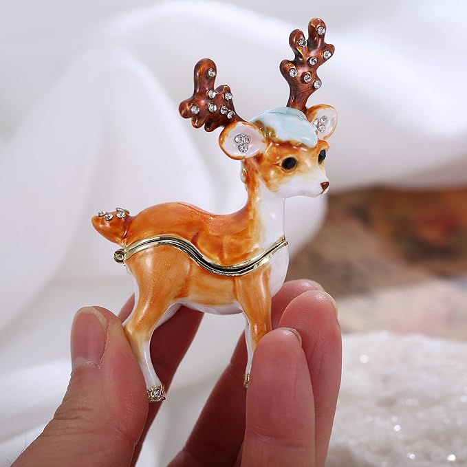 Hand Painted Animal Trinket Box for Home Decor, Hinged Jewelry Organizer Storage, Unique Personalized Collectible Keepsake Figurine Handmade Decorative Ornament Gifts (Sika Deer)