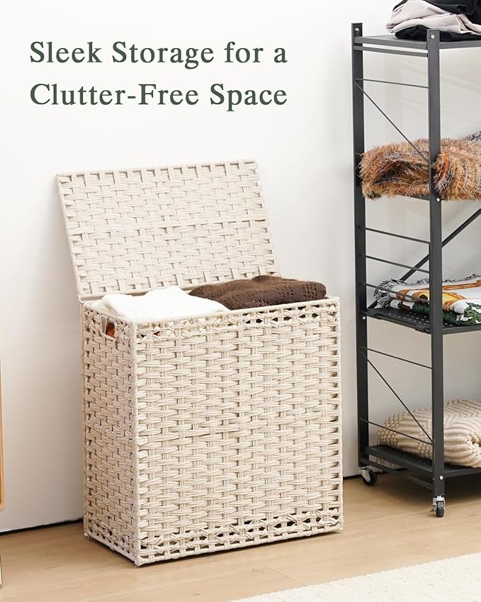 SETVSON Laundry Hamper with Lid Wicker Laundry Basket 112 L (29.6 Gal) Laundry Hampers Handwoven Rattan Clothes Hamper with Handles 3 Removable Liner Bag, 6 Mesh Bags for Bathroom Bedroom Light Khaki