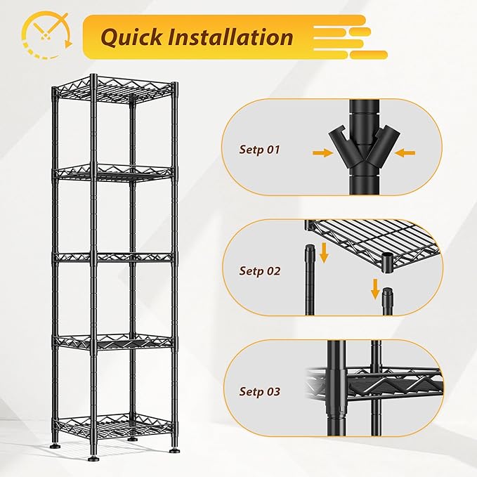 5 Tier Metal Shelving Unit Adjustable Storage Shelves:Wire Shelves Storage Rack Standing Bathroom Shelf and Narrow Small Shelf for Kitchen Pantry Closet Laundry Dorm Office 12''Wx12''Dx49''H Black