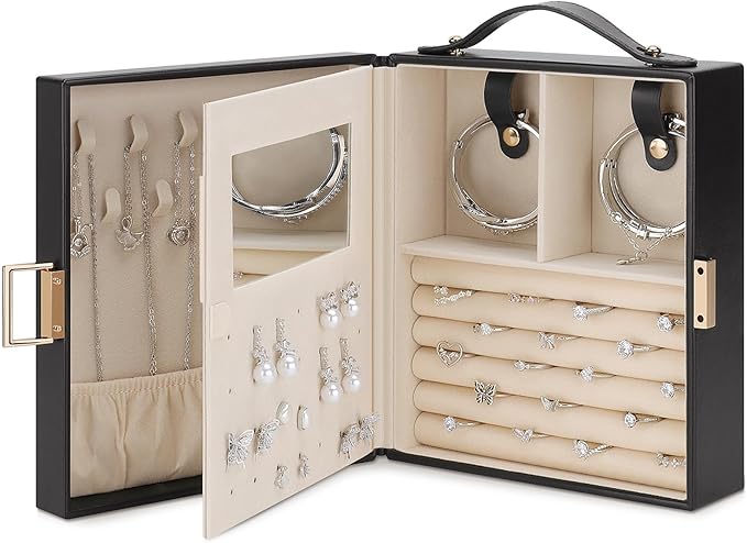 DesignSter Travel Jewelry Case for Woman, Portable Jewelry Travel Box with Mirror, PU Leather Small Jewelry Organizer with Handle for Rings Earrings Bracelets Necklaces(Black Brown & Apricot)