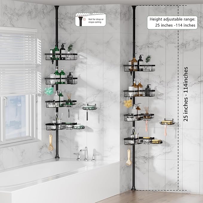 DAOYA Tension Pole Shower Caddy, 4-Tier Stainless Steel Shower Organizer with 2 Removable Soap Holders, 25 to 114.2 Inches, for Bathtub/Bathroom Corner, Renters Friendly, Black