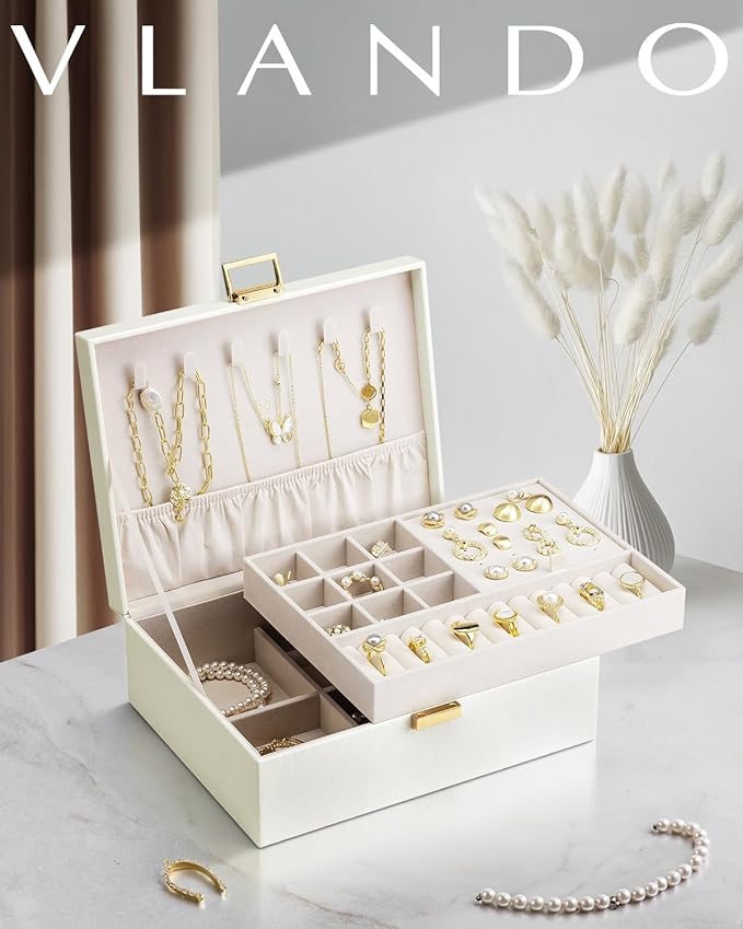 VLANDO Jewelry Box for Women, Gift for Women Girls,2 Layer Jewelry Box,Large Jewelry Organizer for Women Removable Jewelery Tray for Necklace Earrings Rings(Cream White)