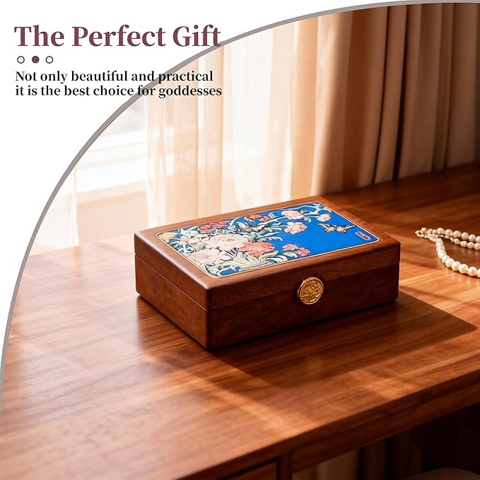Travel Jewelry Case Small Wood Jewelry Organizer Jewelry Box for Women (Nut-Brown Print D)