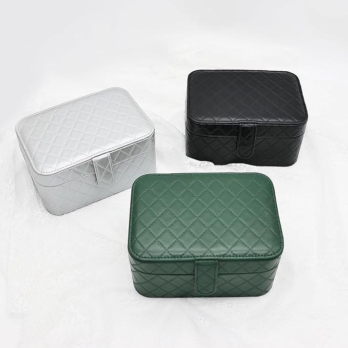 Jewelry Travel Case, 2-Layer Jewelry Box Organizer Medium Jewelry Travel Box, Portable Faux Leather Jewellery Storage Boxes with Argyle for Women, Daily Jewellery Case Home Use (Dark green)